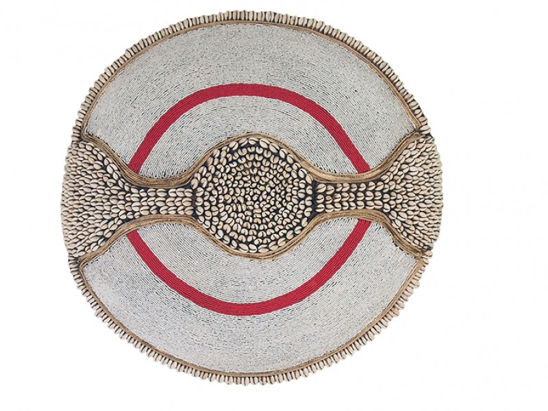 Beaded Shield - White With Red Ring and Cowrie shell Band and Trim